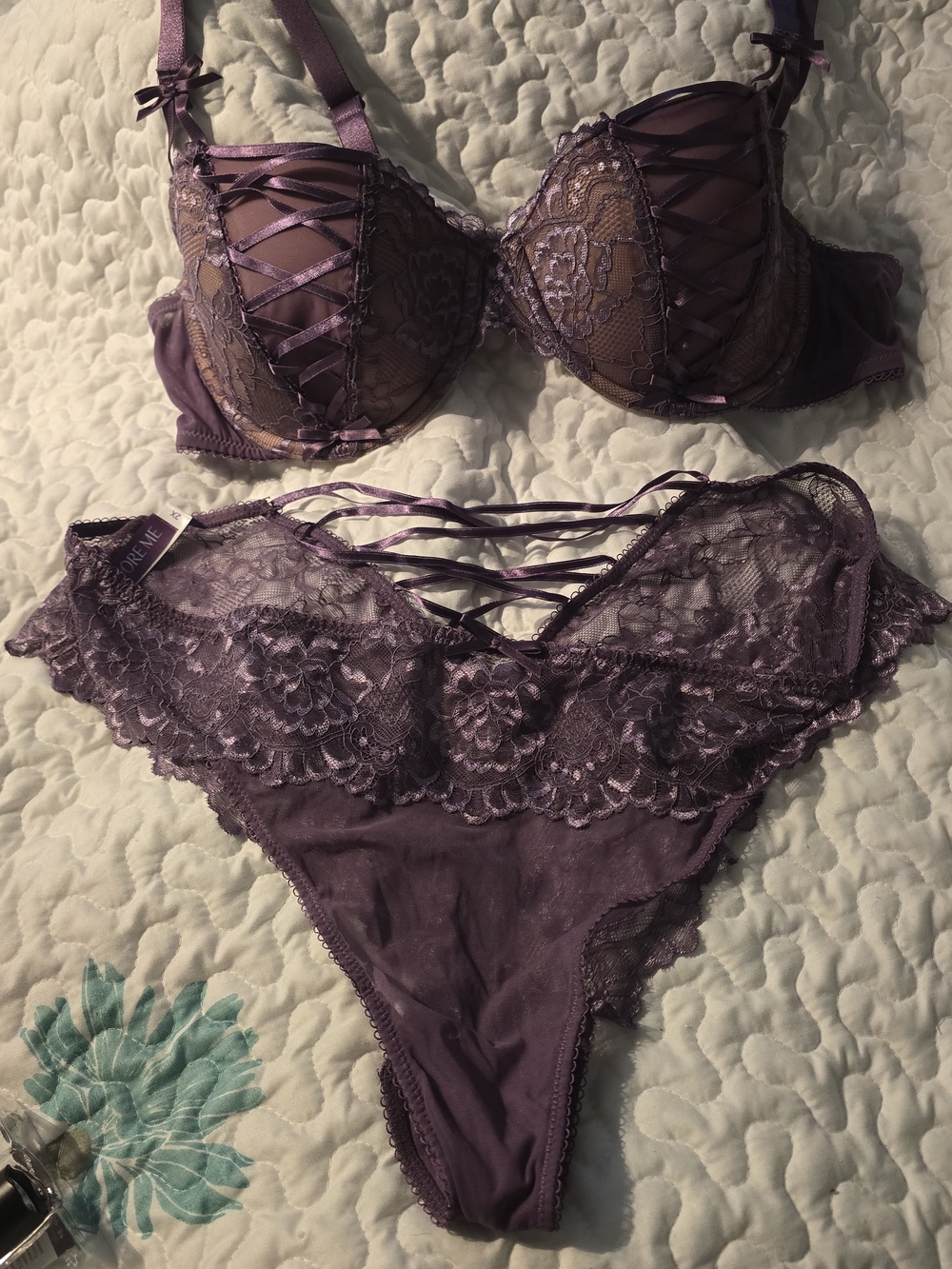Adore Me Lace Crisscross Underwire Bra & Lace Bikini Panty in Purple